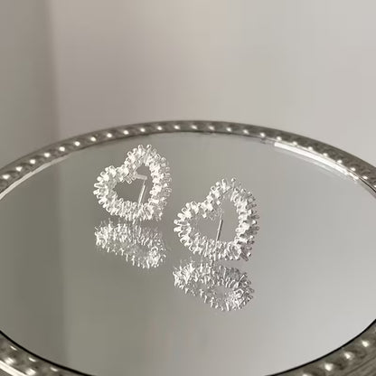 Silver Hollow Heart Stud Earrings — Sparkly Crystal Outline