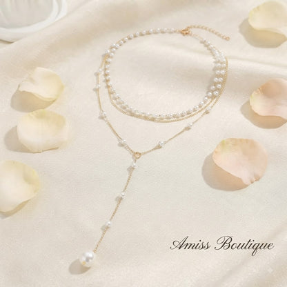 Elegant Double-Layer Pearl Necklace | Vintage Gold Tassel Lariat | Layered Faux Pearl Chain Necklace
