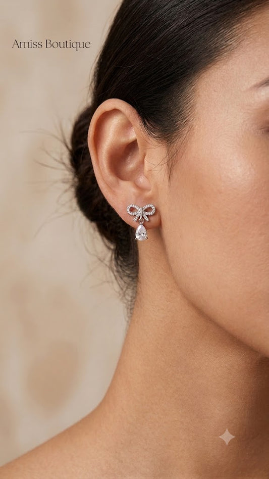 925 Sterling Silver Bow Earrings | Crystal Teardrop Drop Earrings | Elegant Bridal Stud Earrings