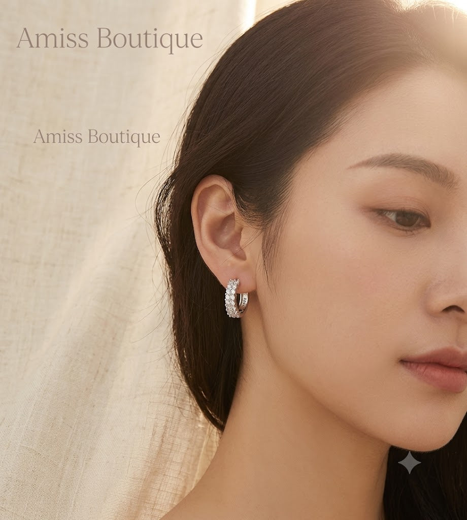 925 Sterling Silver Double Row Crystal Hoop Earrings | Zircon Huggie Hoops | Sparkling Round Stud Earrings