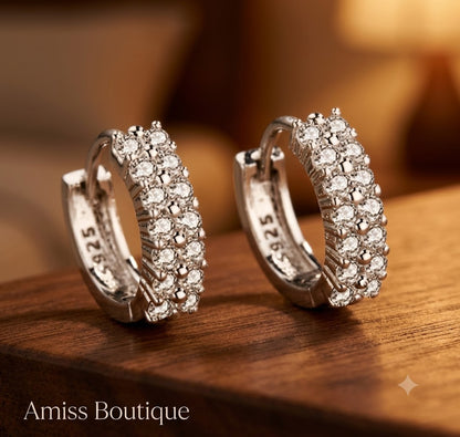925 Sterling Silver Double Row Crystal Hoop Earrings | Zircon Huggie Hoops | Sparkling Round Stud Earrings