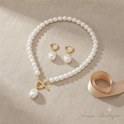 Freshwater Pearl Necklace & Earring Set – Gold Toggle Clasp with Baroque Pearl Drop