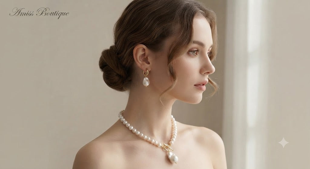 Freshwater Pearl Necklace & Earring Set – Gold Toggle Clasp with Baroque Pearl Drop